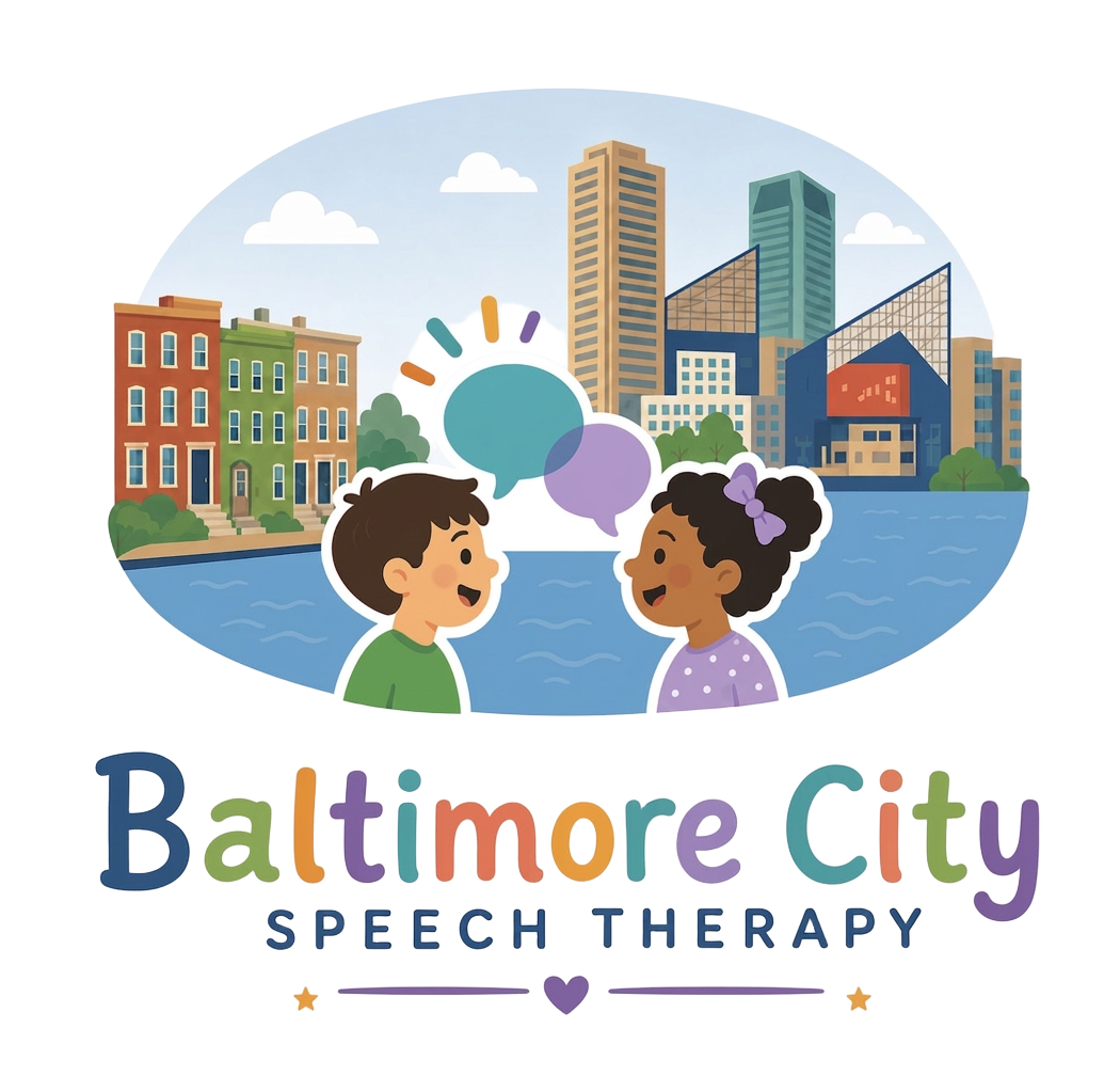 Baltimore City Speech Therapy logo featuring two children talking with the Baltimore city skyline